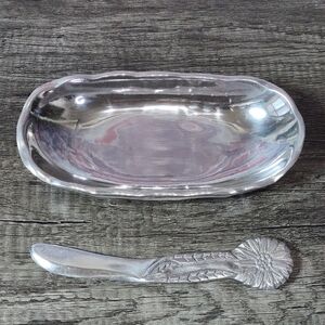Mexican Pewterware Rectangular Dish w/Spreader Knife